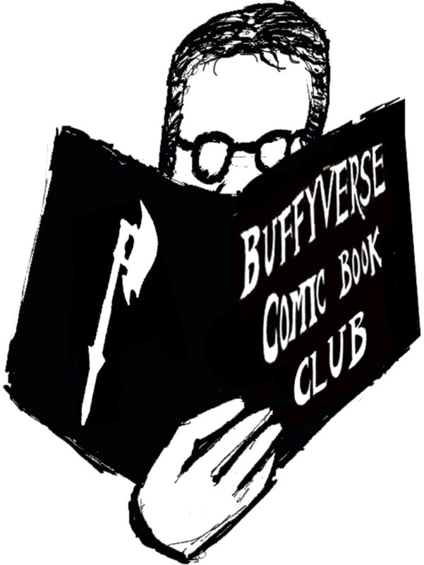 Buffyverse Comic Book Club logo of a bespectacled person reading a book with the podcast title on the front and the Scythe on the back